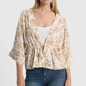 Express Women’s Floral and Bird Print Short Sleeve Wrap Top with Tie NWT